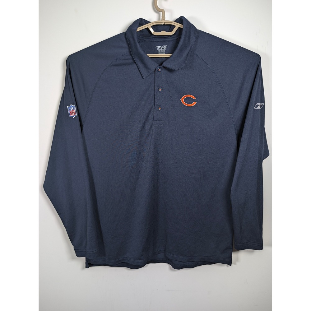Reebok Mens Chicago Bears NFL Long Sleeve Polo Shirt Polyester Navy Blue XL